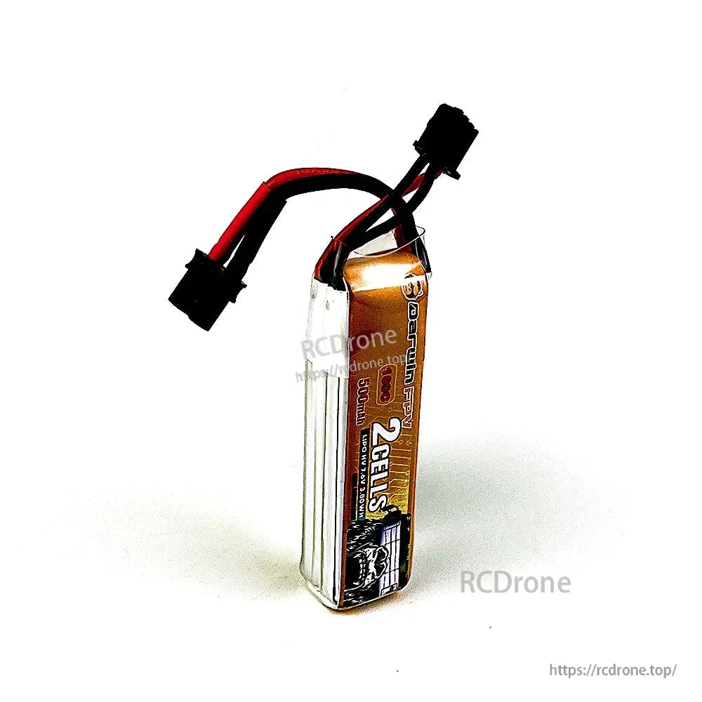 Side profile of DarwinFPV 2-cell LiPo pack standing upright, label and wire exit from top