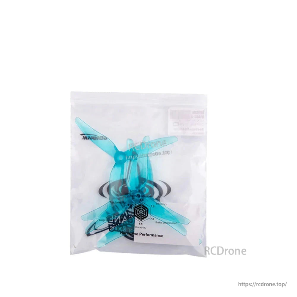 Clear retail bag with teal 3-blade propellers inside, centered package view