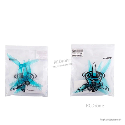 Retail packaging front and back views with teal propellers visible inside clear bag