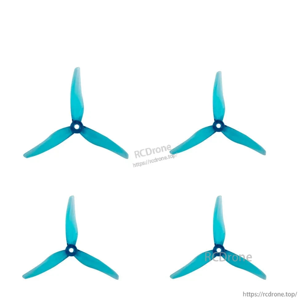 Set of four teal 3-blade propellers displayed as a pack, evenly spaced on white