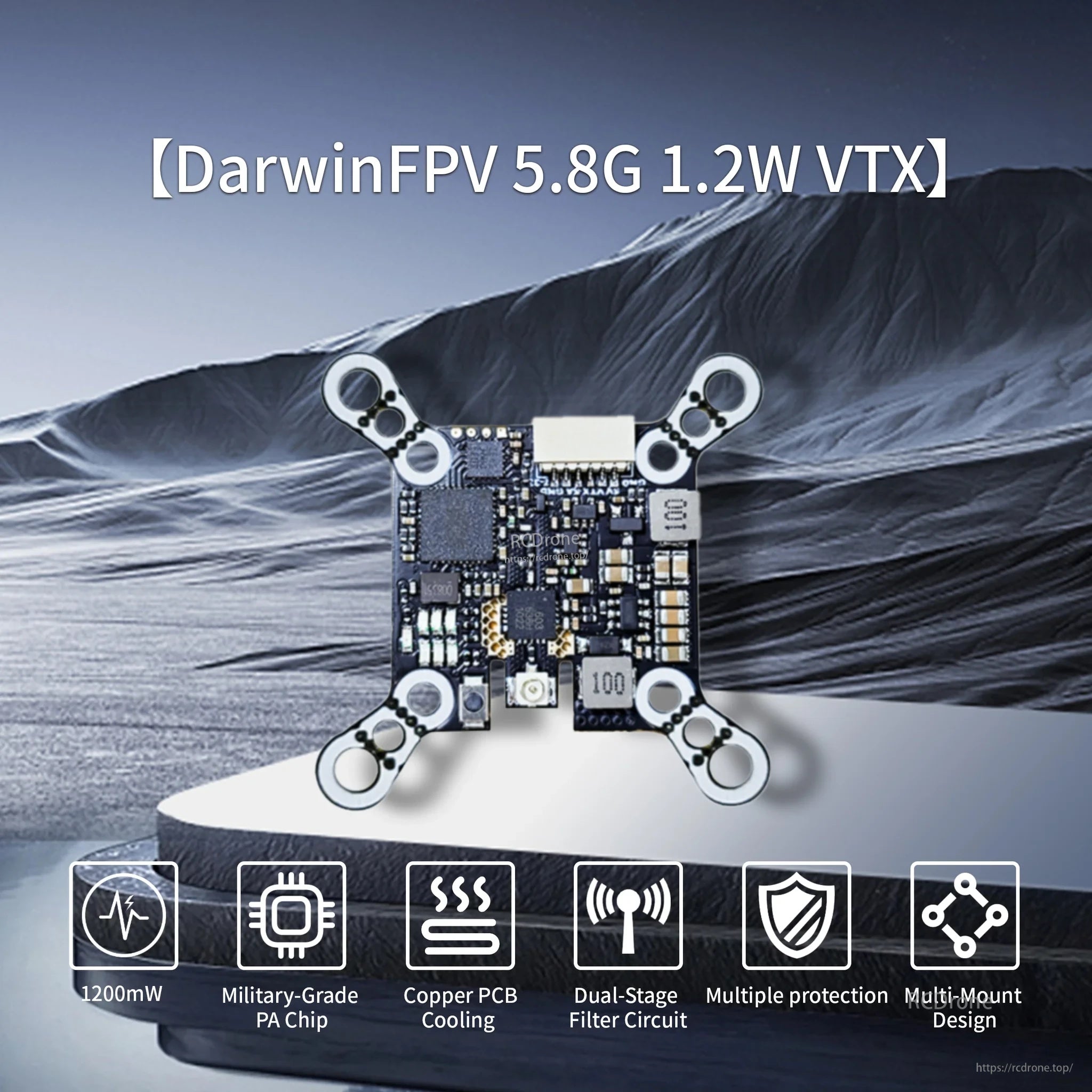 DarwinFPV 5.8G 40CH 1.2W Baby Ape VTX board overview with key feature icons