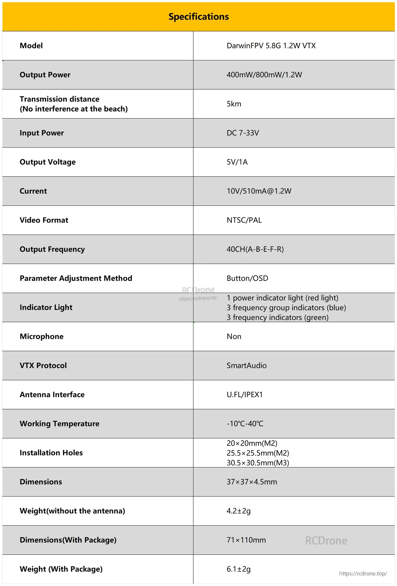 Specifications table for DarwinFPV 5.8G 1.2W VTX listing power levels, voltage range, channels, and dimensions