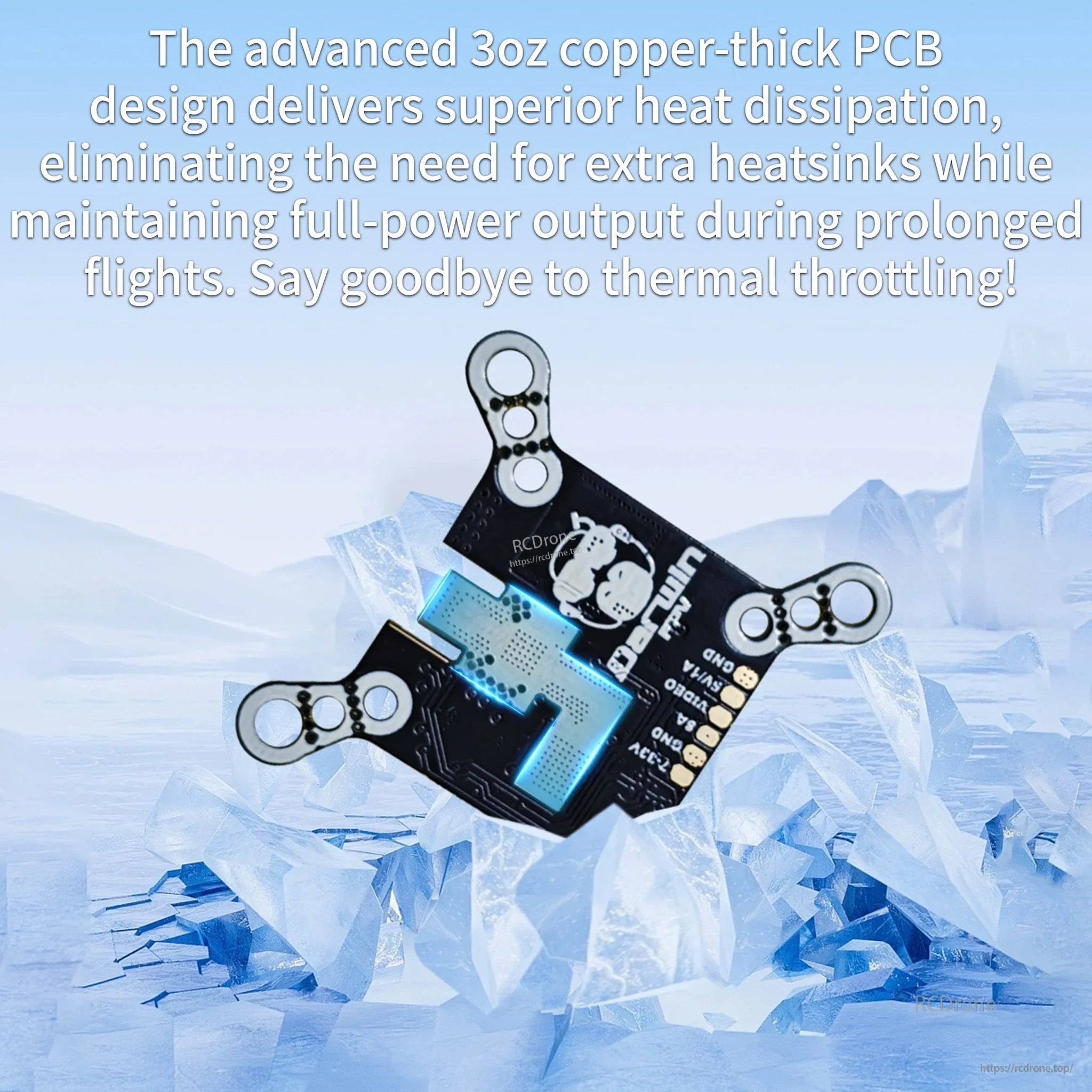Rear side of VTX showing 3oz copper-thick PCB design for improved heat dissipation during flight