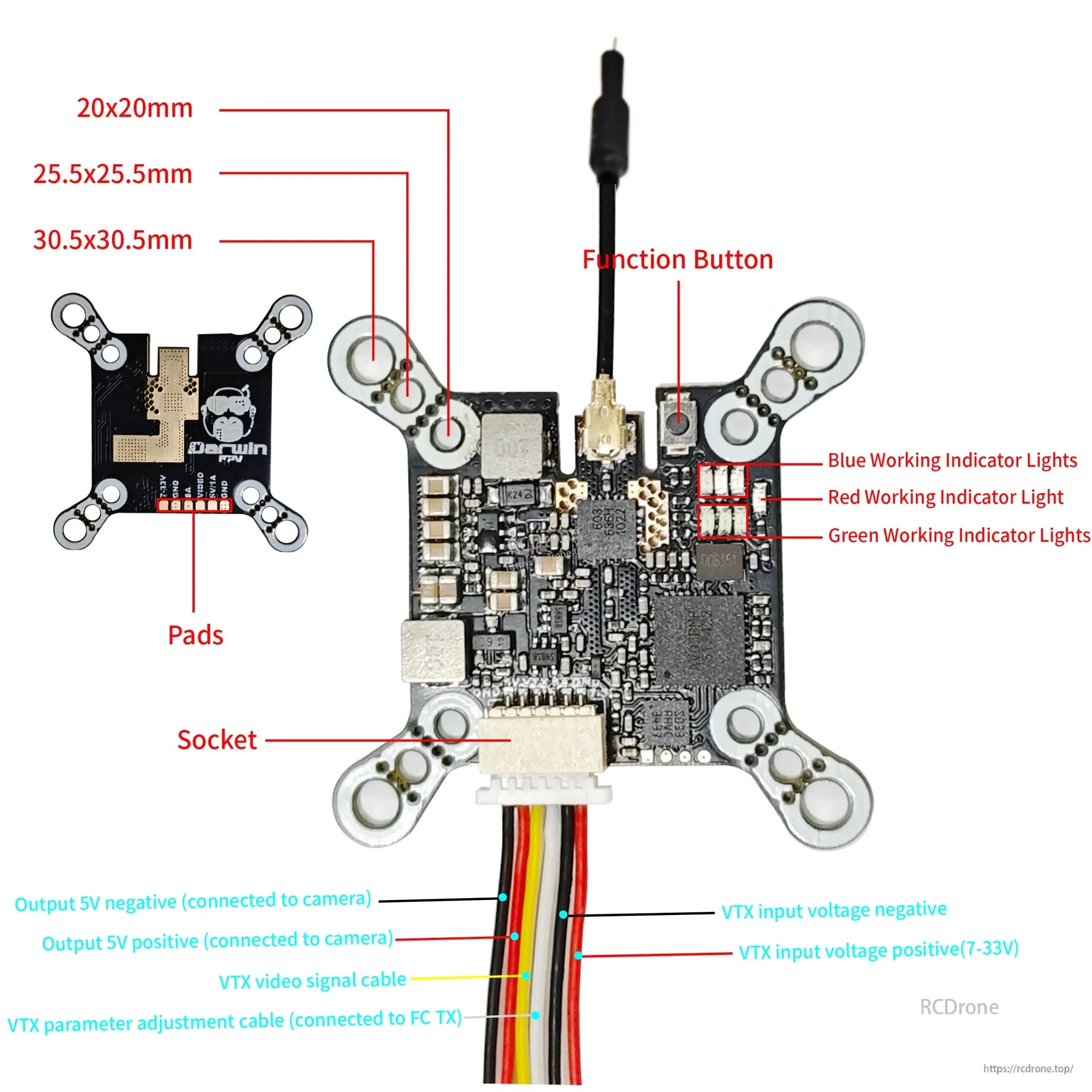 DarwinFPV 5.8G 40CH 1.2W Baby Ape VTX wiring diagram with pads, button, LEDs, and input/output leads