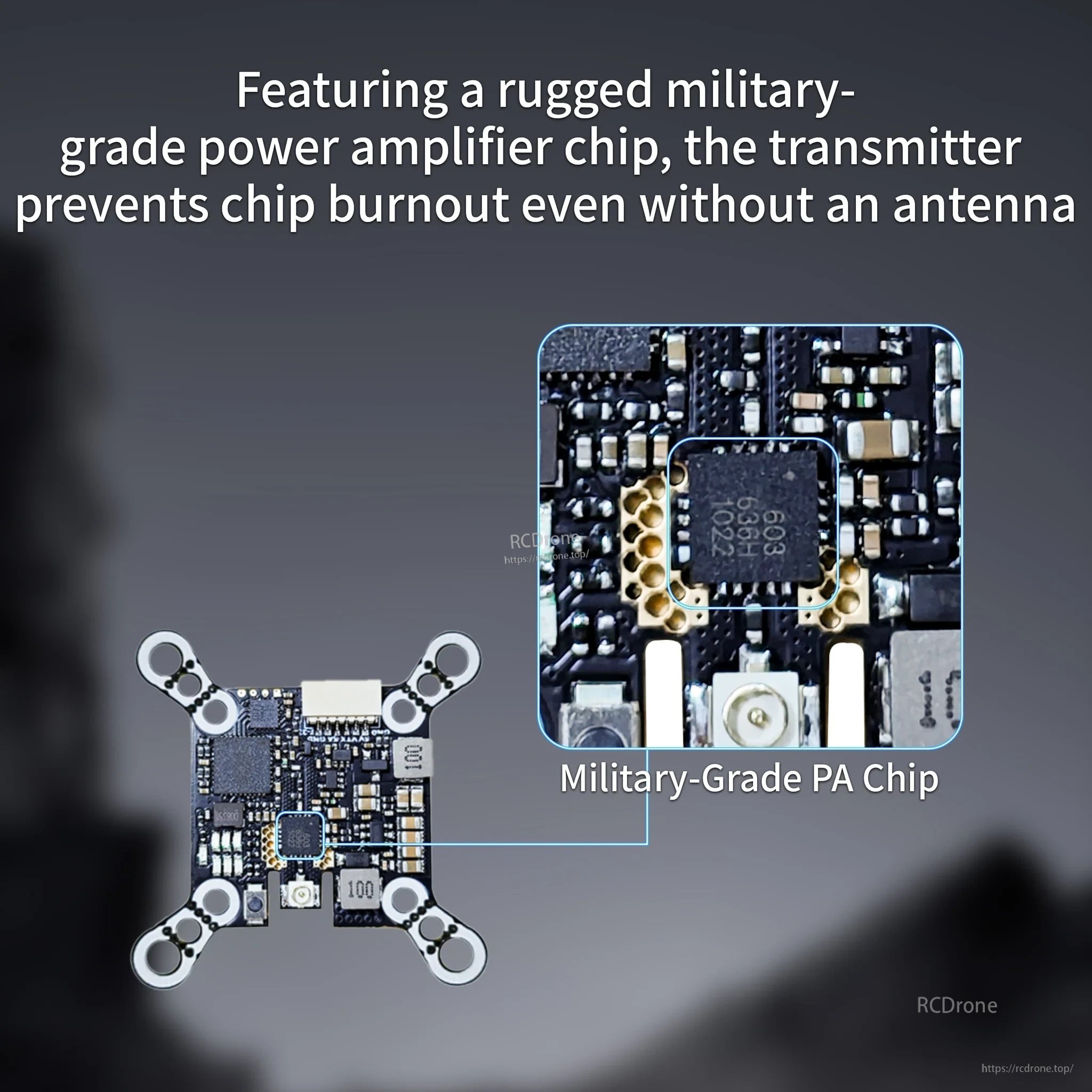 Close-up of the military-grade PA chip on the VTX, highlighting burnout protection without antenna