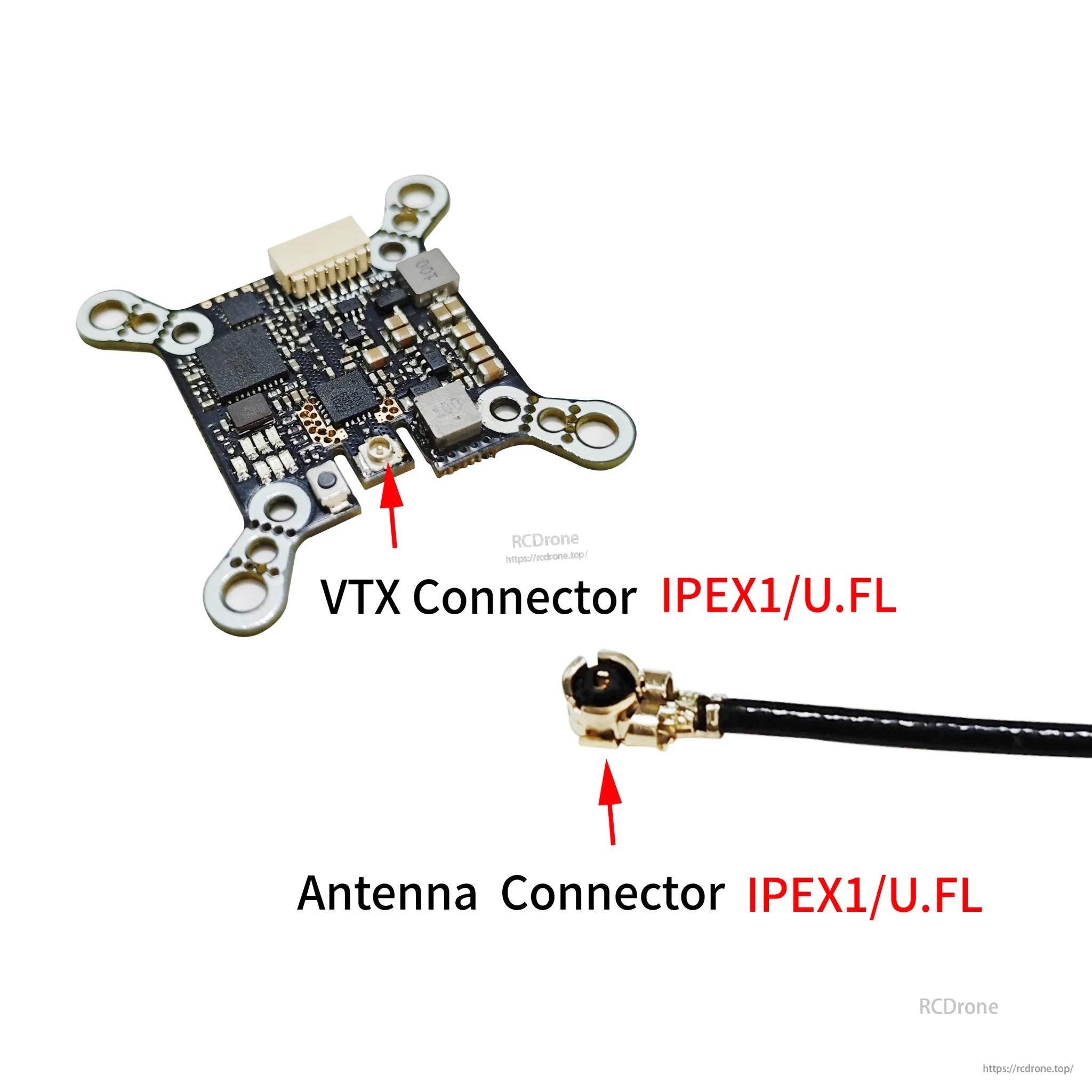 U.FL/IPEX1 connectors labeled for VTX and antenna, showing compatible IPEX1/U.FL pigtail connection