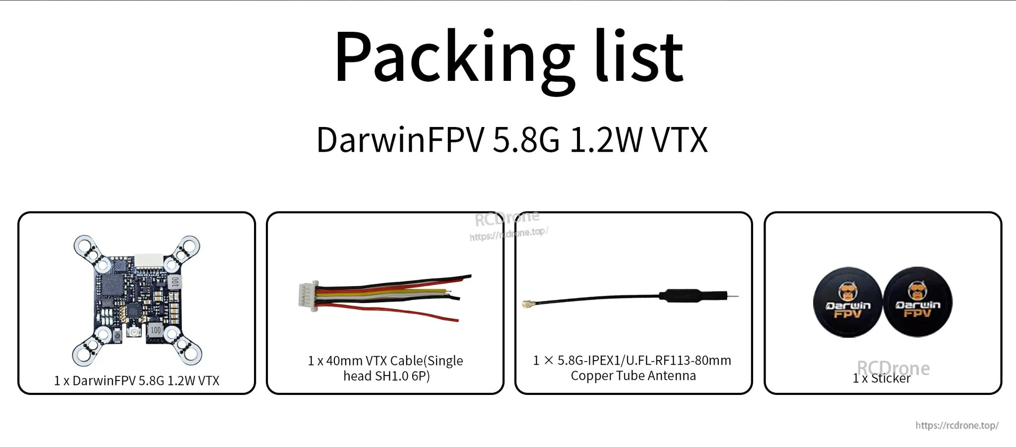 Packing list showing the VTX module, 40mm 6-pin cable, U.FL/IPEX1 antenna, and stickers