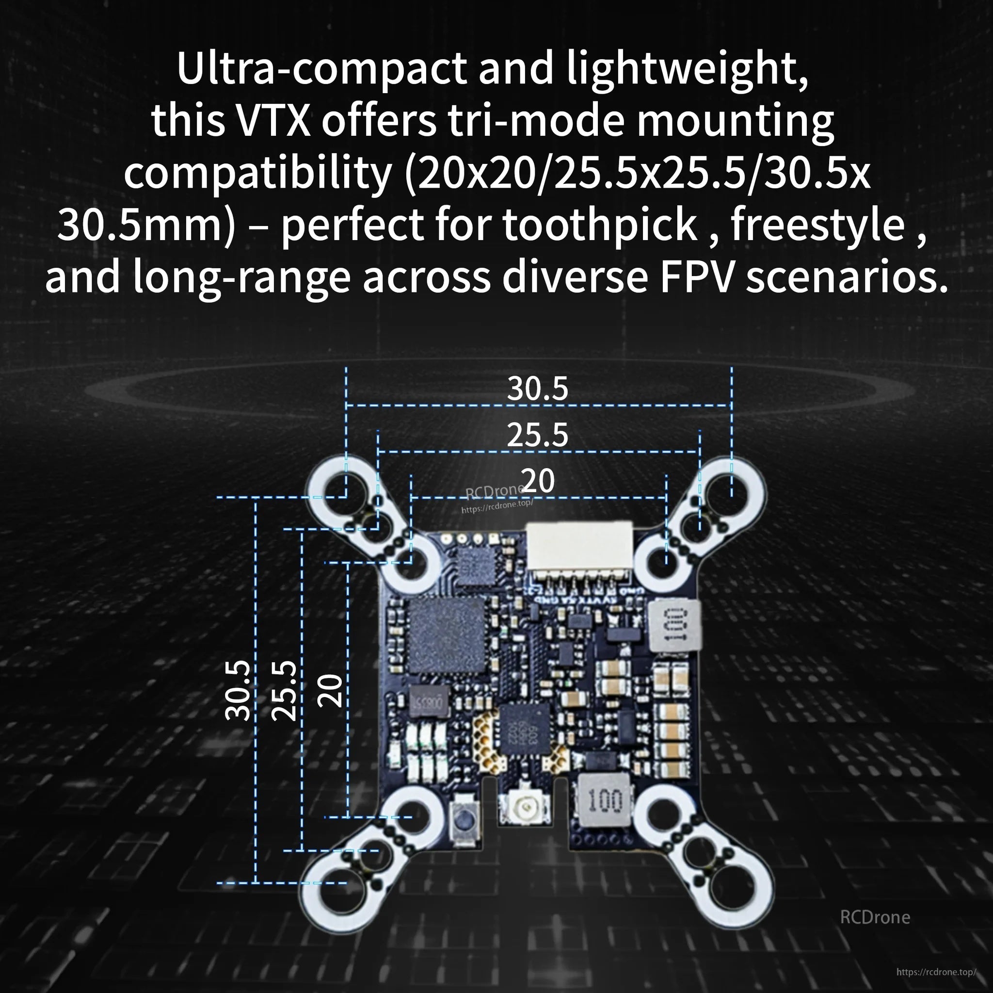 Mounting pattern measurements for the VTX: 20x20, 25.5x25.5, and 30.5x30.5 mm hole spacing
