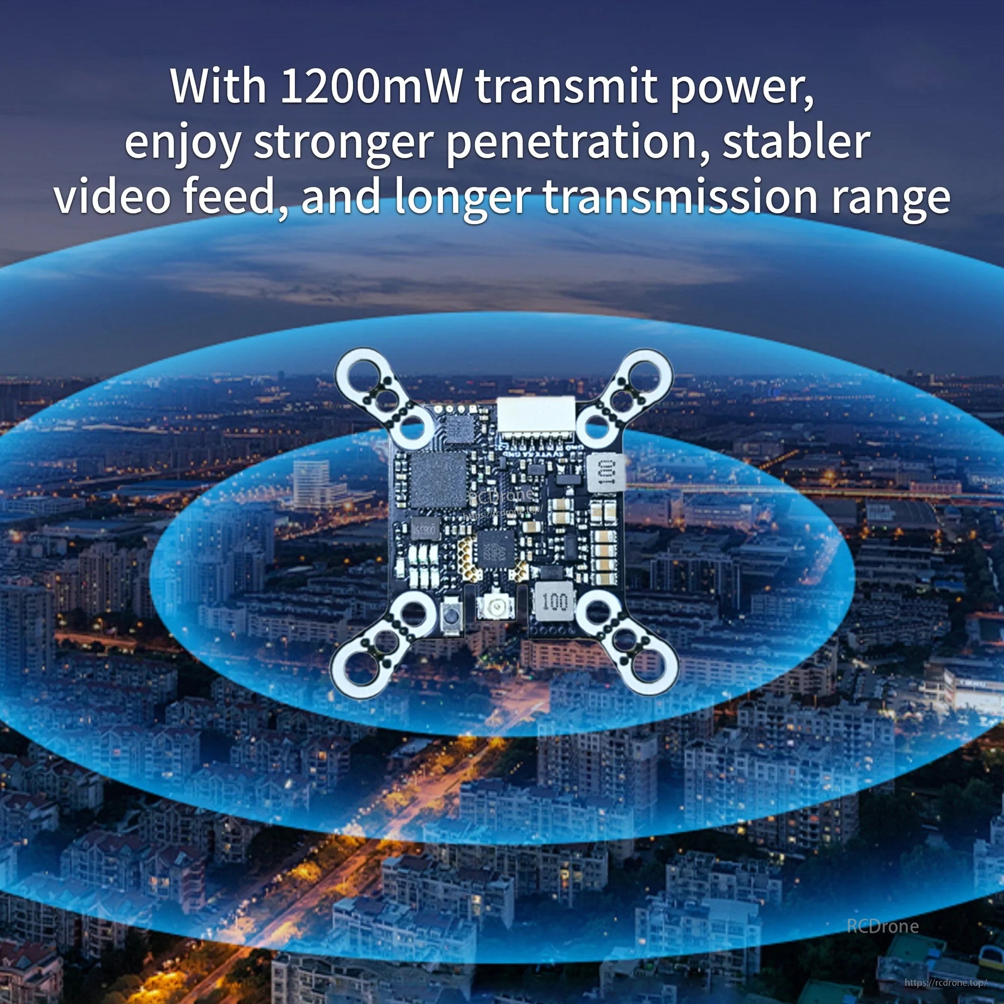 1200mW FPV VTX signal coverage graphic highlighting longer range and stronger video penetration