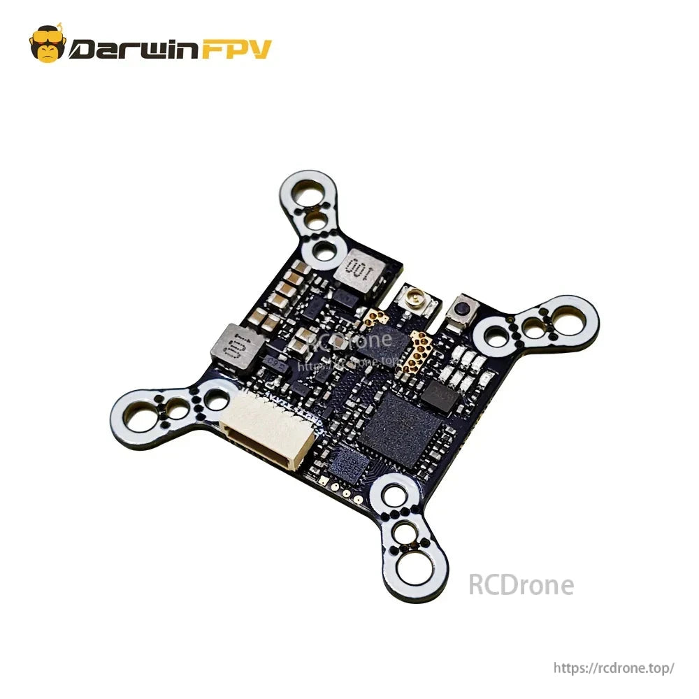 Angled view of DarwinFPV Baby Ape VTX PCB showing shielding, chips and mounting holes