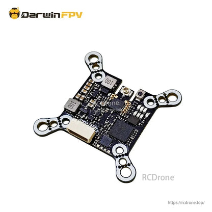 Angled view of DarwinFPV Baby Ape VTX PCB showing shielding, chips and mounting holes
