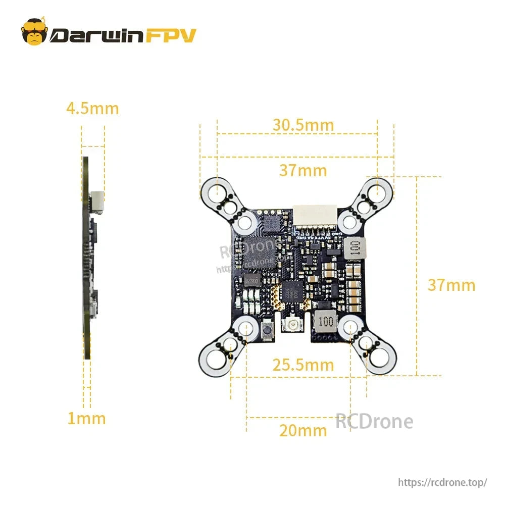 DarwinFPV Baby Ape VTX dimensions diagram showing 37mm size, 30.5mm/20mm mounting and thickness