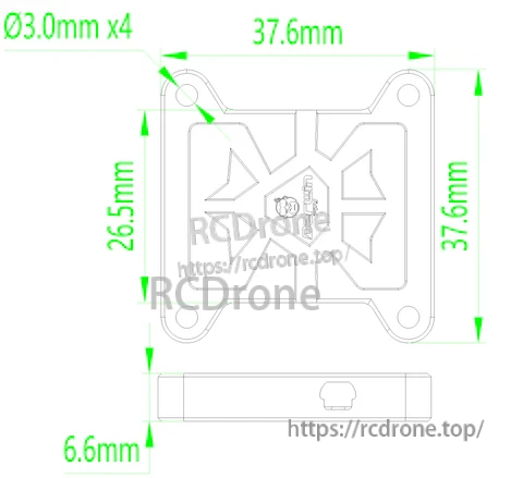 HULK VTX dimension drawing showing 37.6×37.6×6.6 mm size and Ø3.0 mm mounting holes
