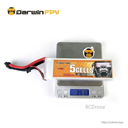 DarwinFPV 5S 3200mAh 18.5V LiPo battery on digital scale showing 351.3 g weight reading