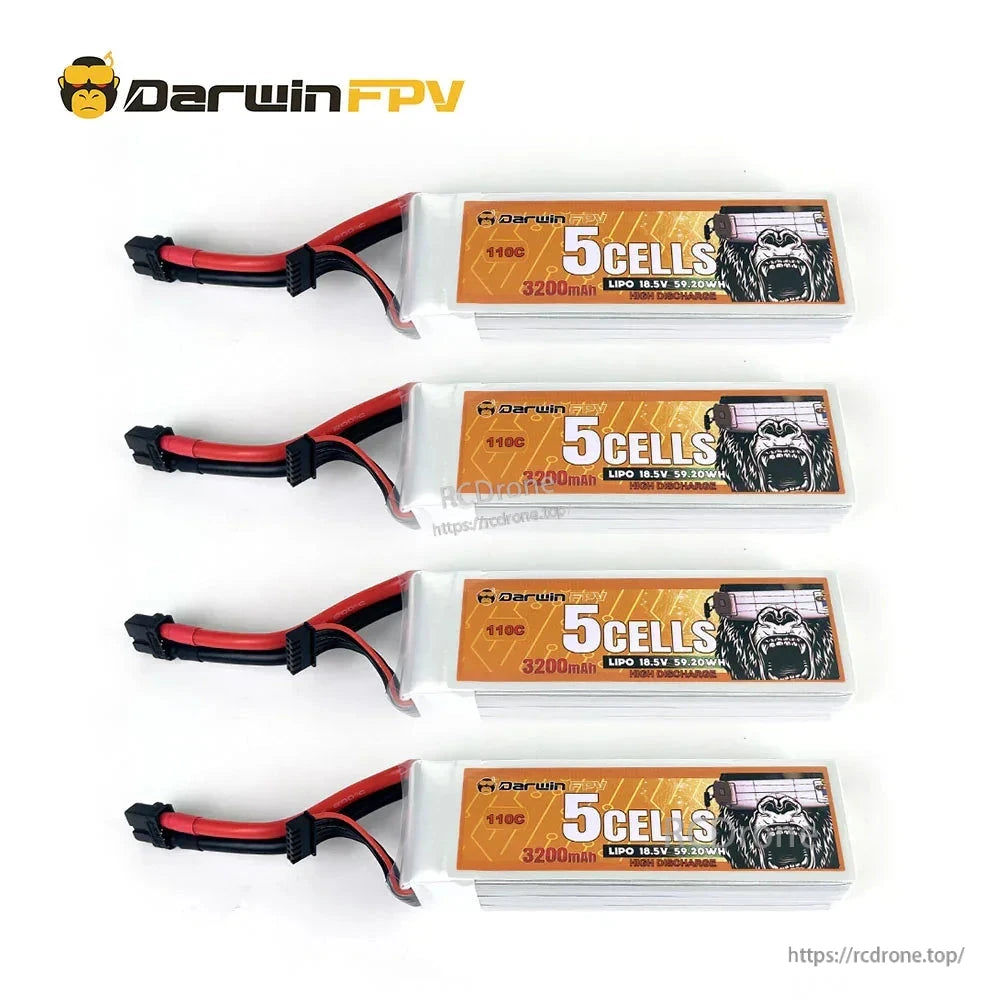 Four DarwinFPV 5-cells 3200mAh LiPo battery packs lineup showing front labels and connectors