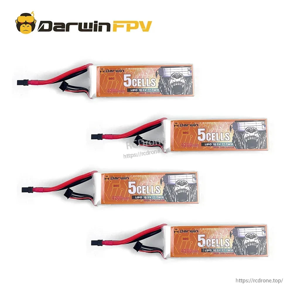 Four 5-cell LiPo battery packs shown together, each with power lead and balance connector
