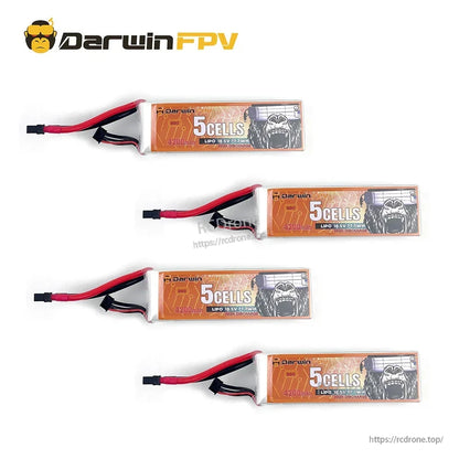 Four 5-cell LiPo battery packs shown together, each with power lead and balance connector