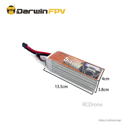 DarwinFPV 5S LiPo battery dimensions shown: 13.5 cm length, 4 cm height, 3.8 cm width