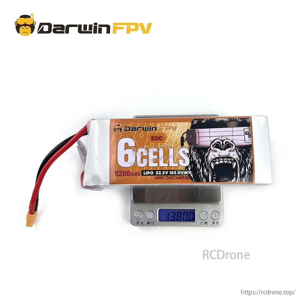 DarwinFPV 6S 8200mAh LiPo battery on digital scale showing weight 1380.0 g