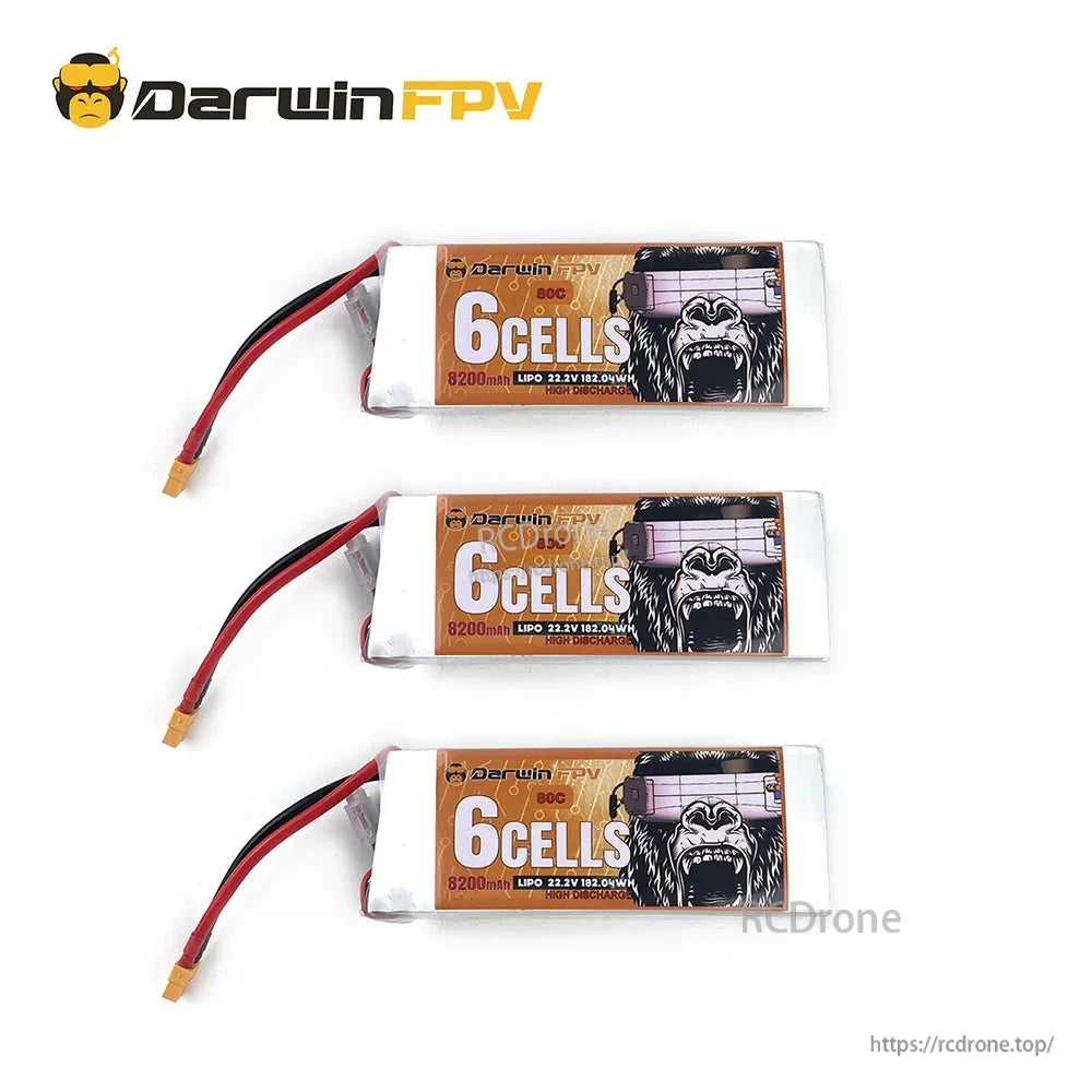 Three DarwinFPV 6-cell 8200mAh LiPo packs lineup with DarwinFPV branding graphic