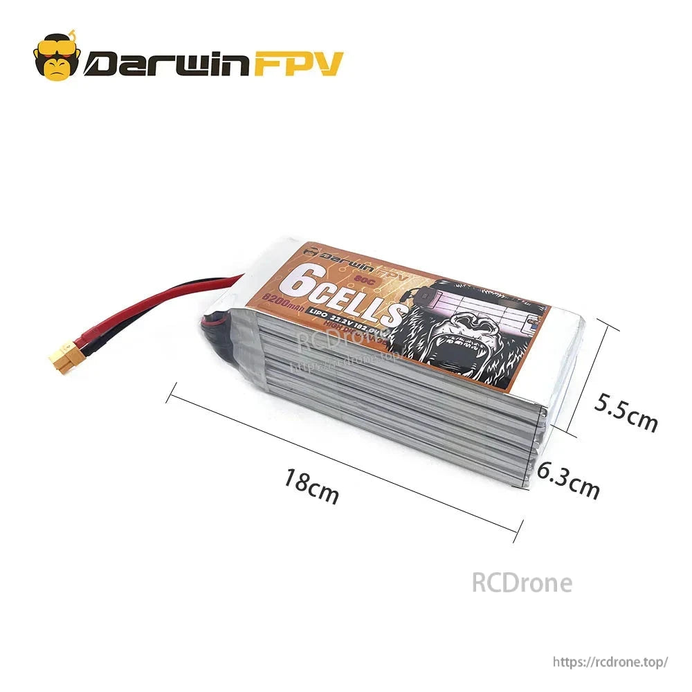 DarwinFPV 6S 8200mAh LiPo battery dimensions diagram 18cm x 6.3cm x 5.5cm