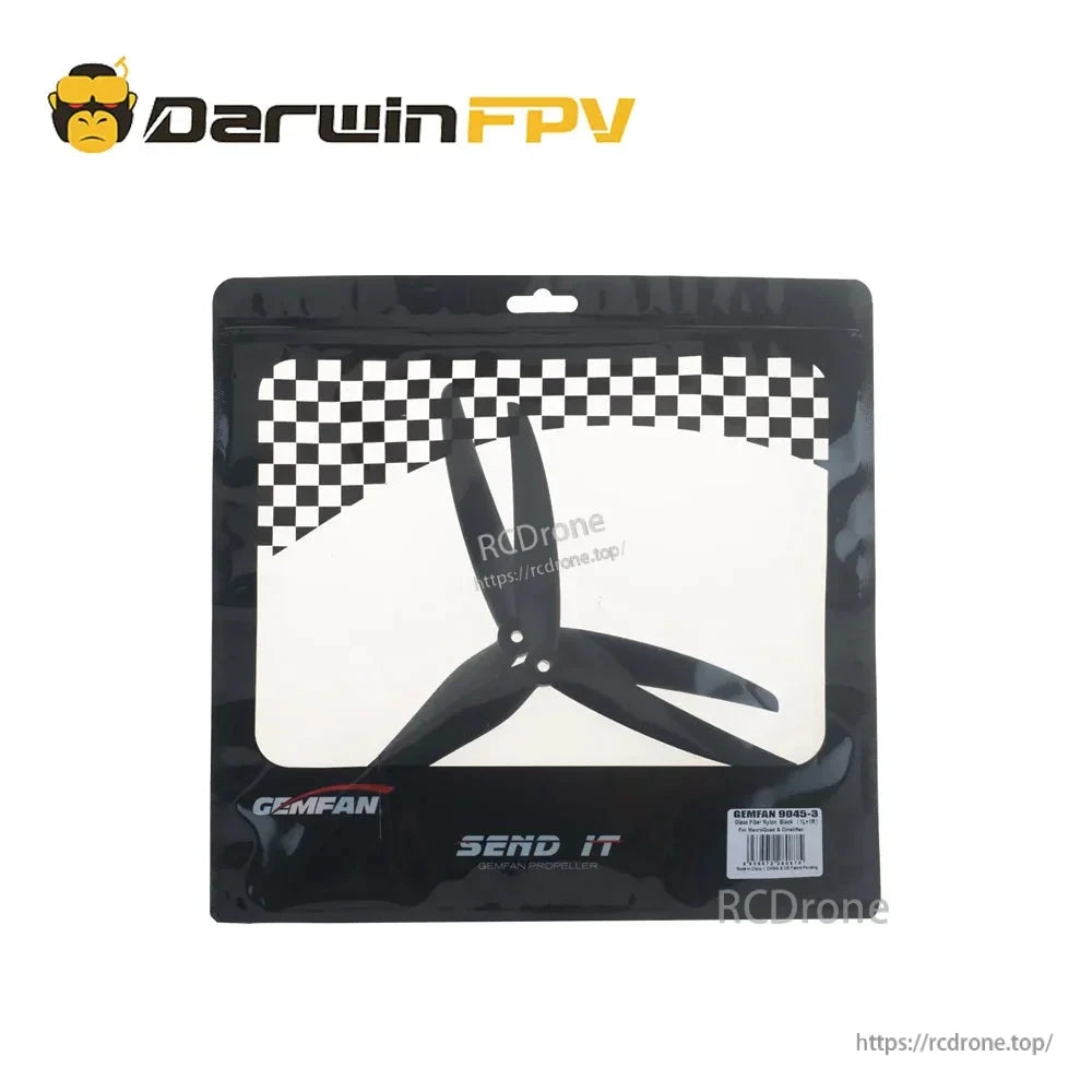Retail package for DarwinFPV 9045-3 tri-blade propellers with window showing prop inside