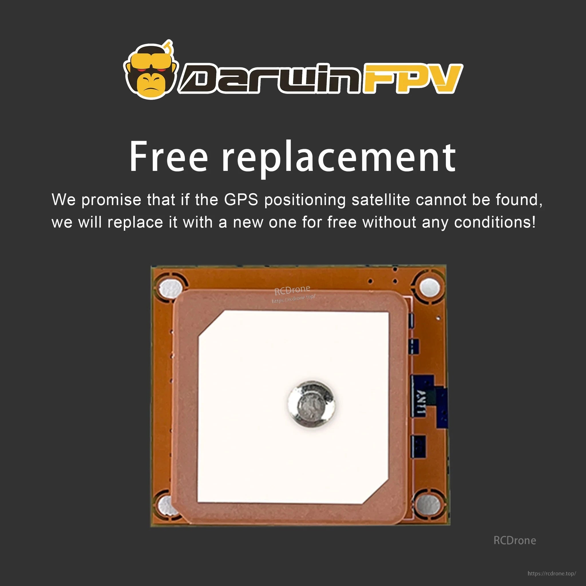 DarwinFPV GM8 anti-interference GPS product graphic with brand logo and replacement policy text