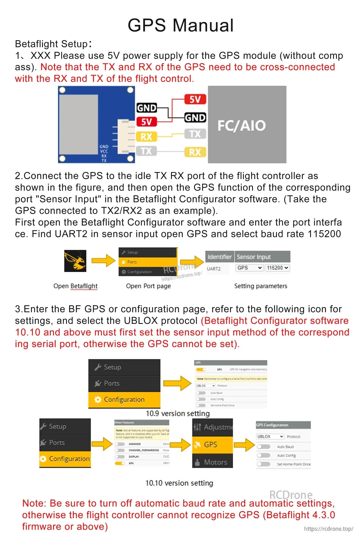 BetaFlight GPS wiring and setup guide for GM8, showing TX/RX cross-connection and UBLOX at 115200
