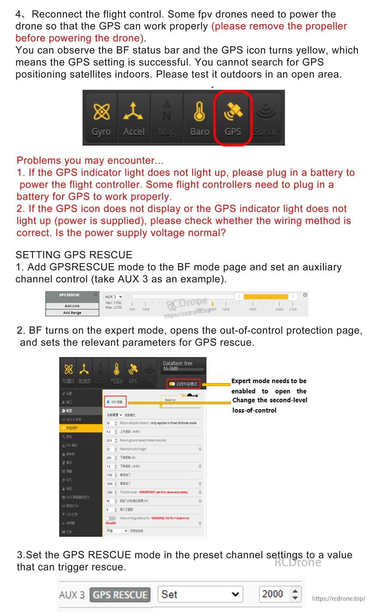 BetaFlight GPS troubleshooting and GPS Rescue settings guide, with notes about indoor satellite search limits