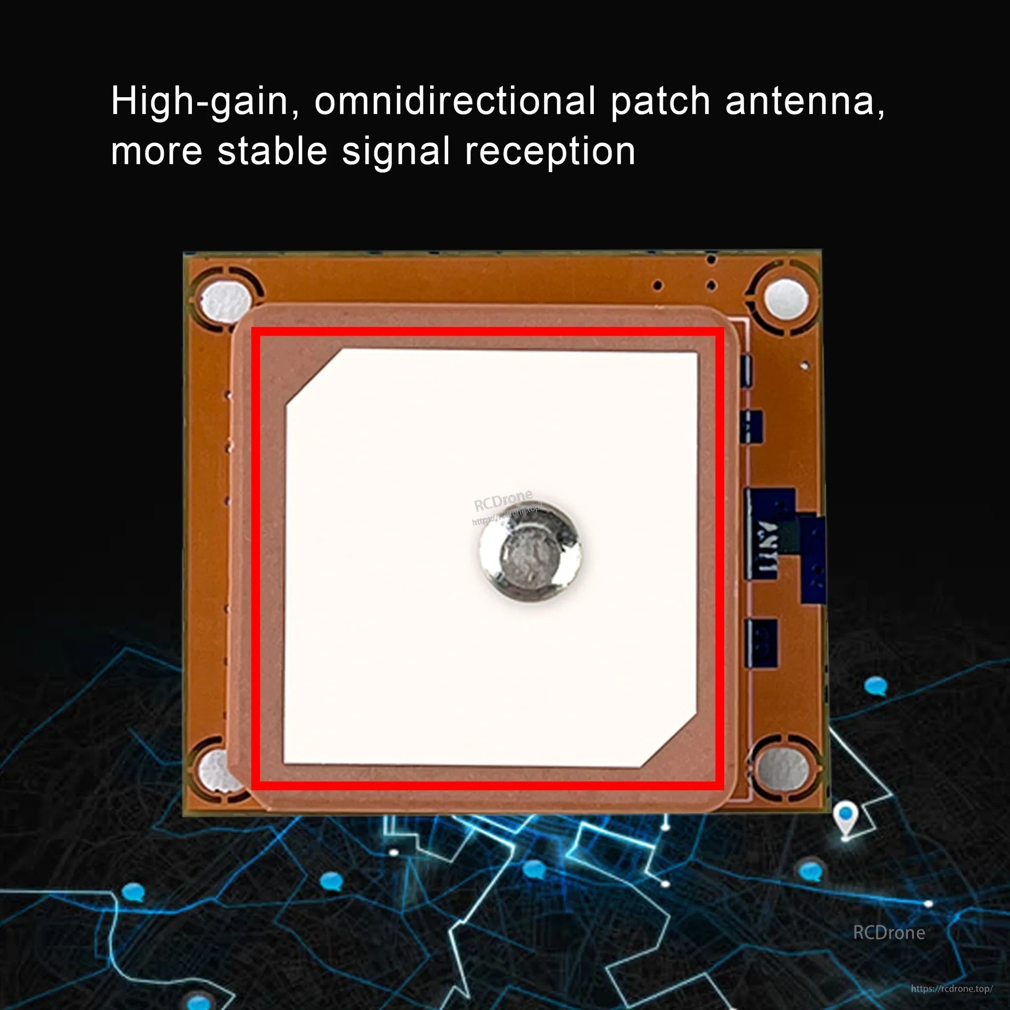 Top view of the high-gain omnidirectional ceramic patch antenna on the DarwinFPV GM8 GPS board