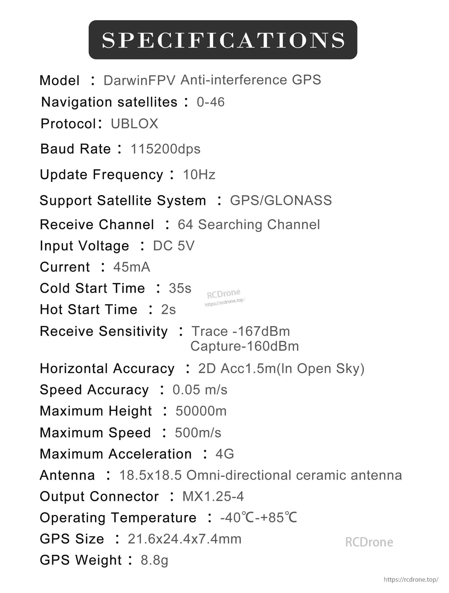 Specifications sheet for DarwinFPV anti-interference GPS (GM8), including UBLOX protocol and 10Hz update rate