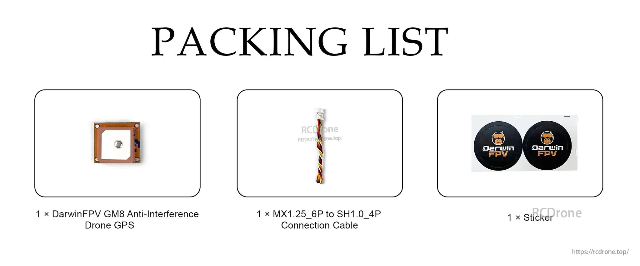 Packing list showing DarwinFPV GM8 GPS module, connection cable, and included sticker