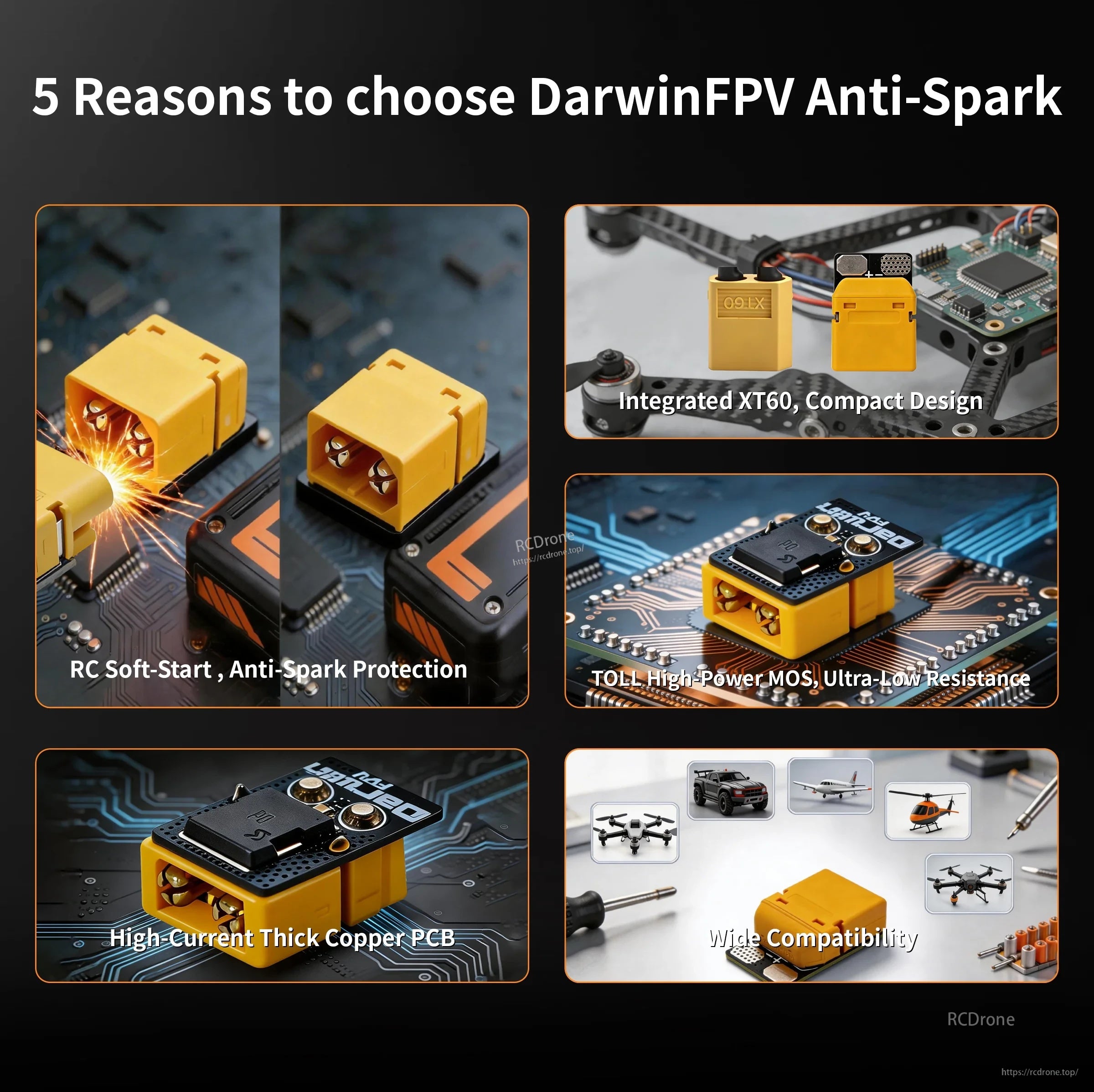 DarwinFPV anti-spark XT60 filter highlights: RC soft-start, compact XT60, high-power MOSFET, thick copper PCB