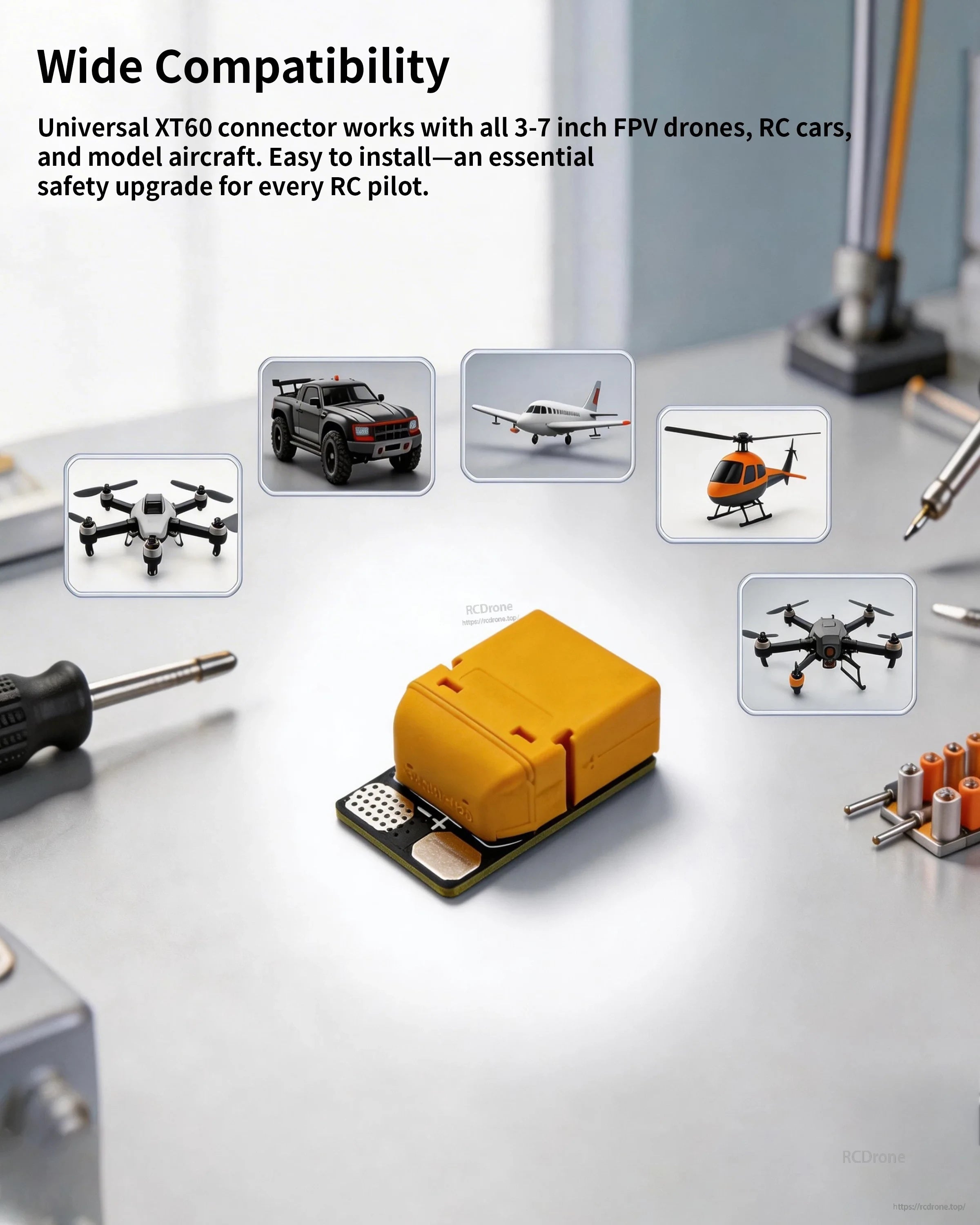 DarwinFPV XT60 anti-spark module on workbench with icons for FPV drones, RC cars, airplanes, and helicopters