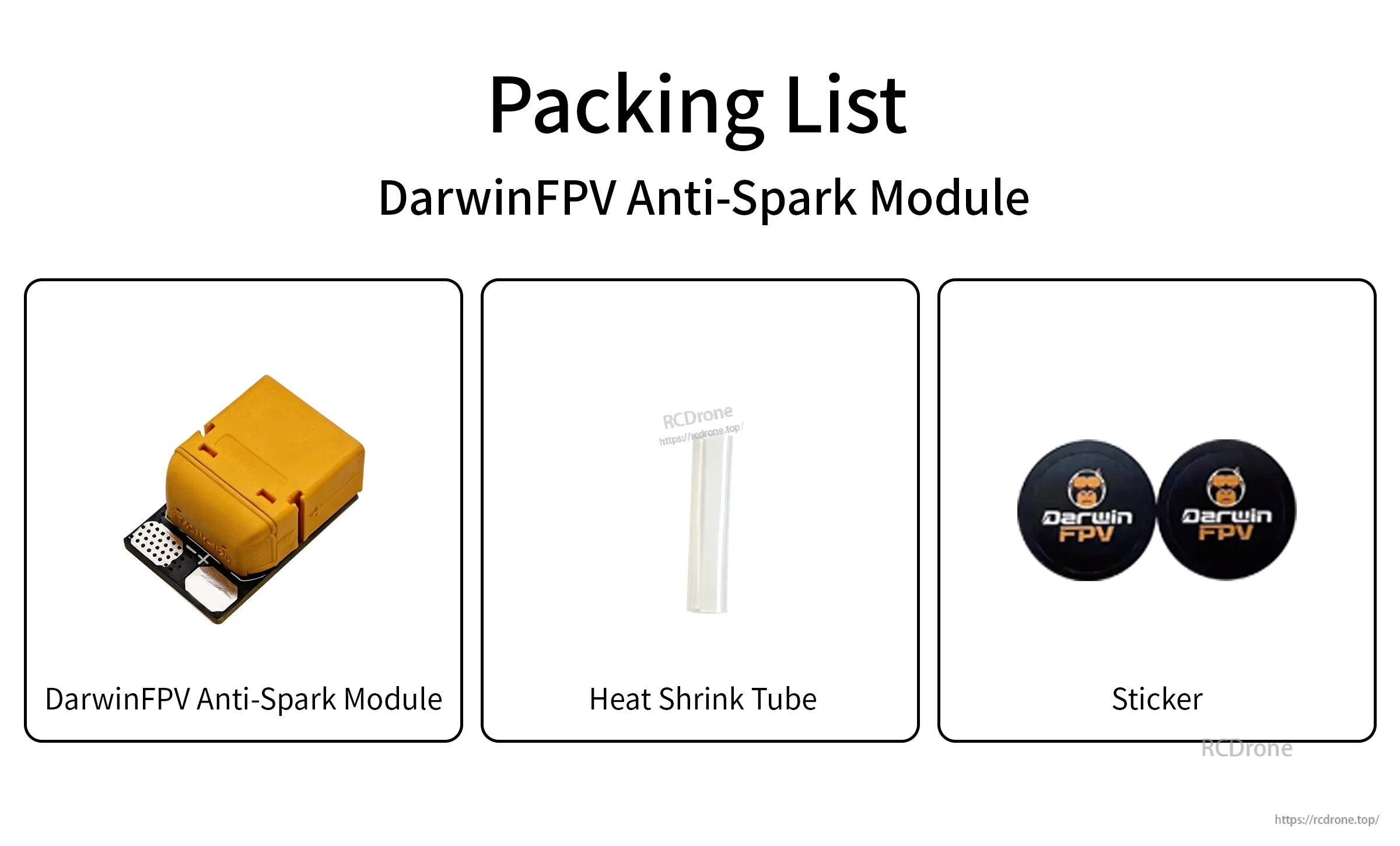 Packing list: DarwinFPV anti-spark module, heat shrink tube, and DarwinFPV stickers