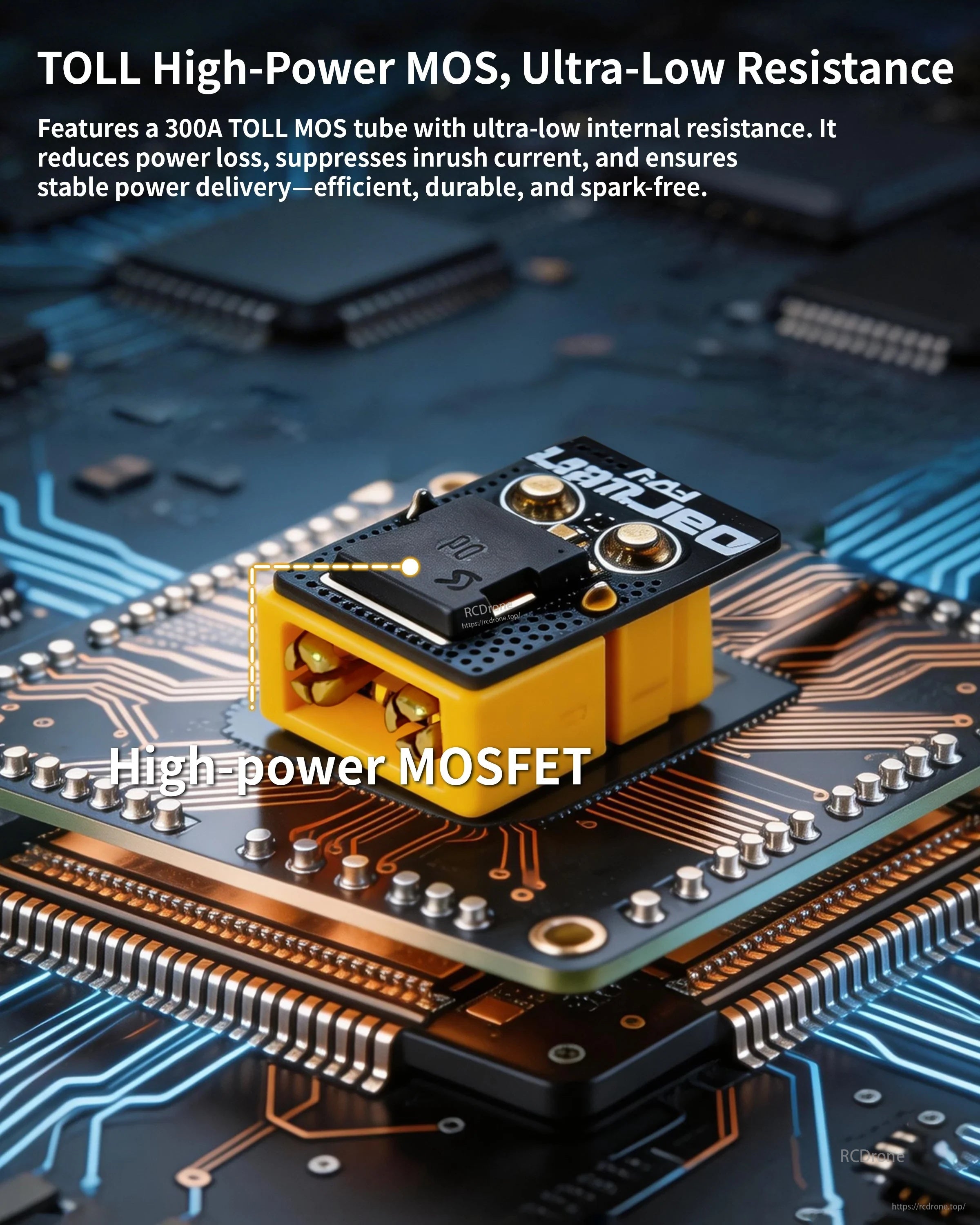 DarwinFPV anti-spark XT60 filter board showing TOLL high-power MOSFET for ultra-low resistance switching