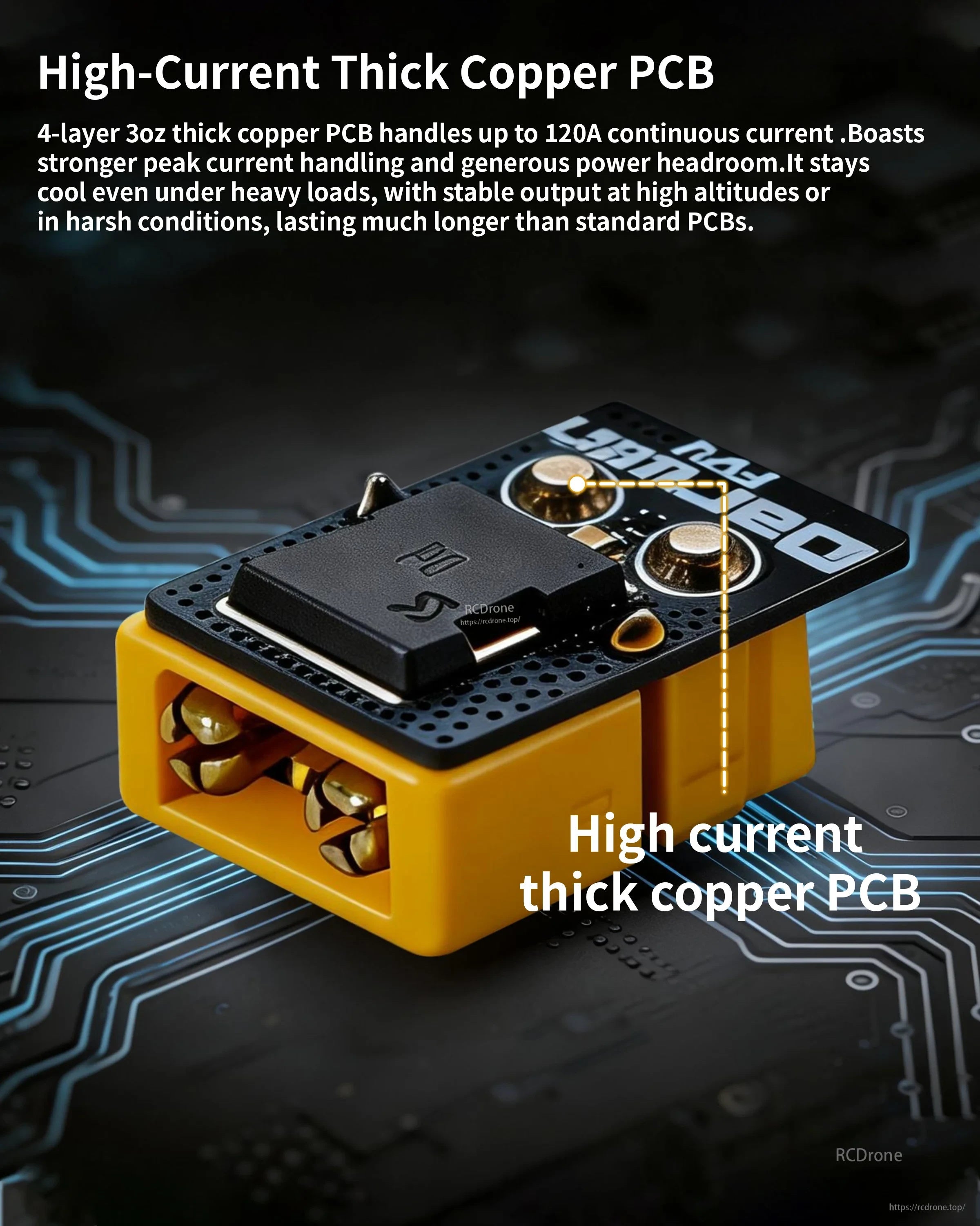 Close-up of DarwinFPV XT60 anti-spark module showing high-current thick copper PCB and components