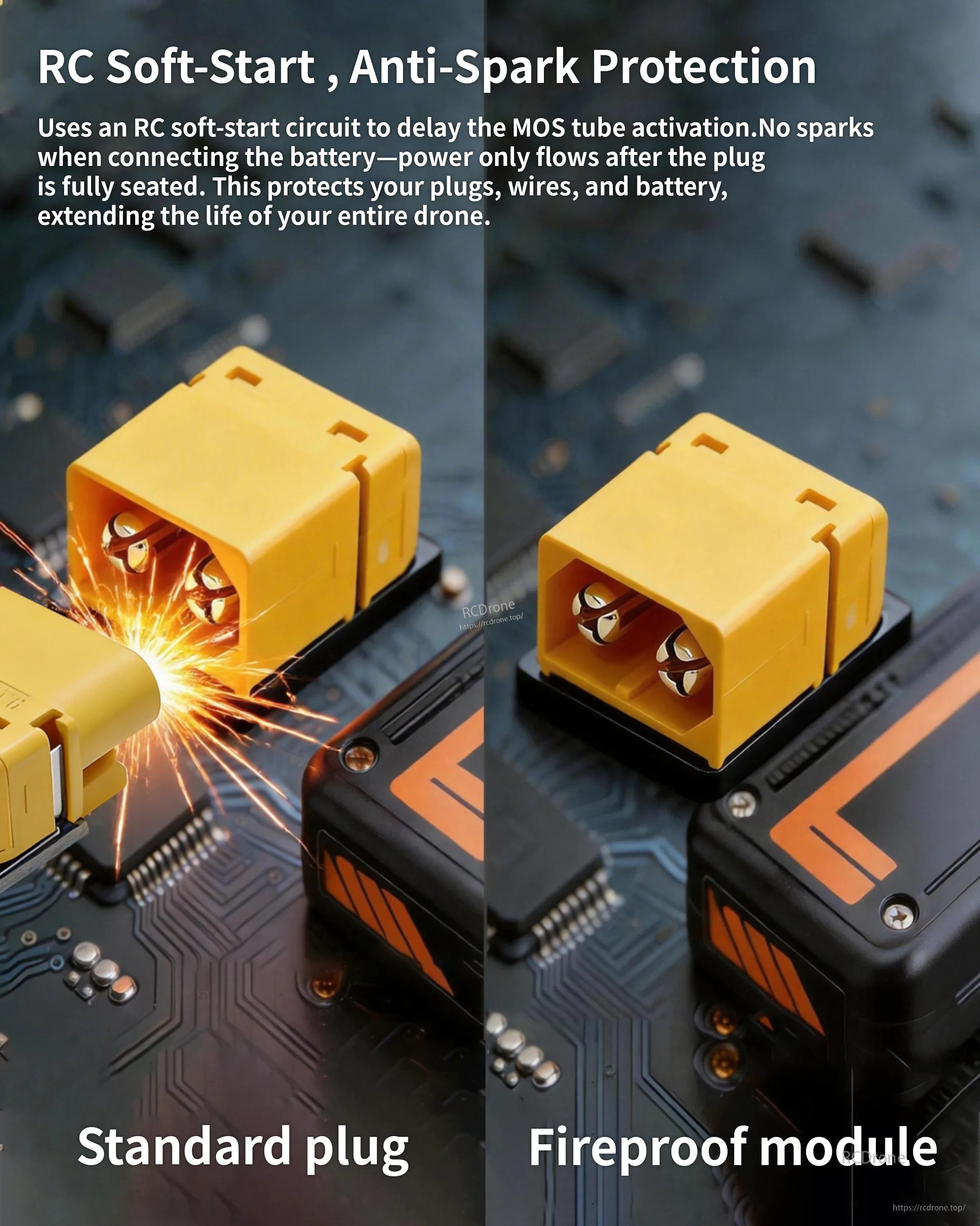 RC soft-start anti-spark protection comparison: standard XT60 plug sparks vs fireproof anti-spark module