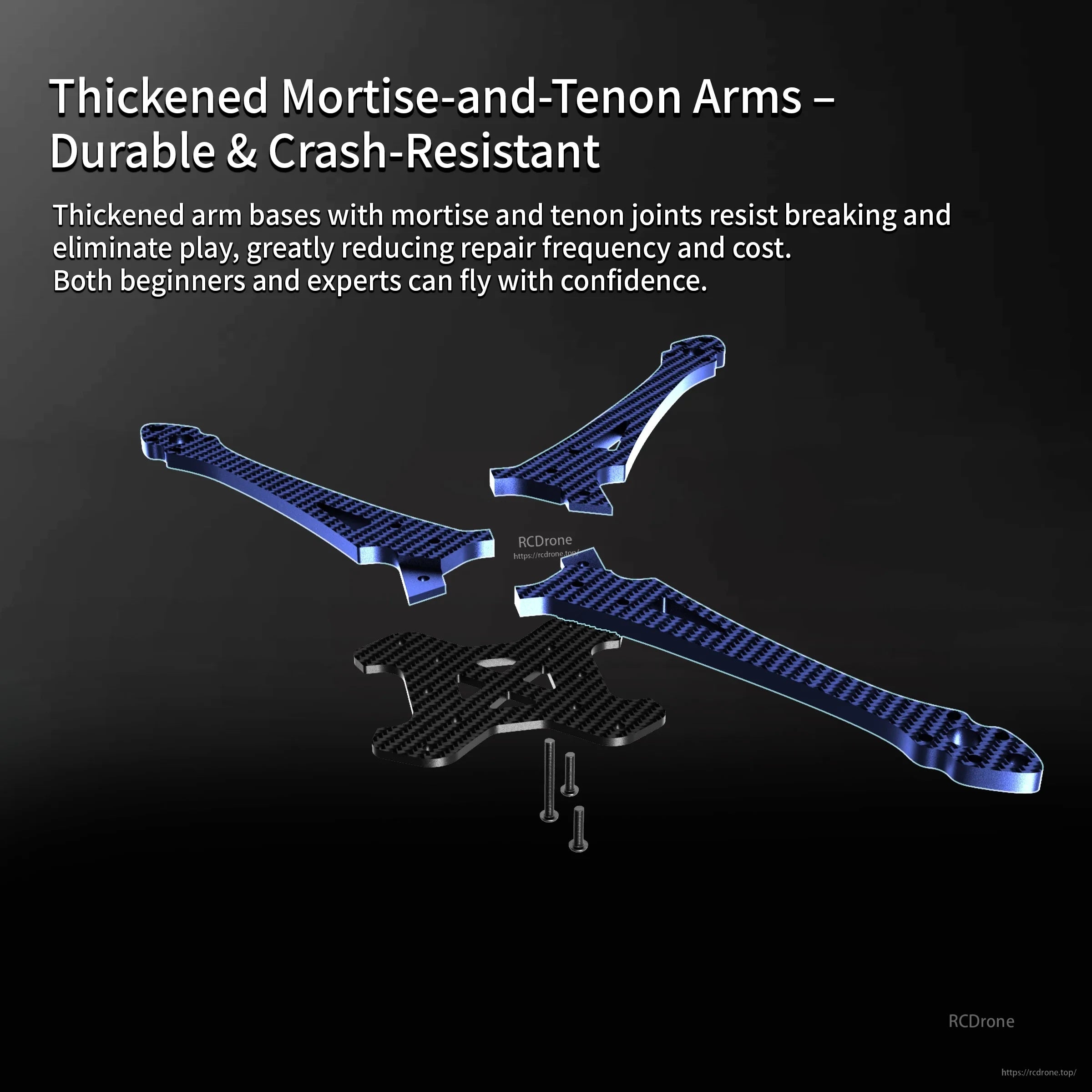 Exploded view of thickened mortise-and-tenon carbon fiber arms with hardware for crash-resistant FPV frame build