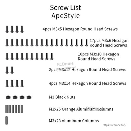 ApeStyle screw list showing M3 hex round head screws, M3 black nuts, and aluminum standoff columns
