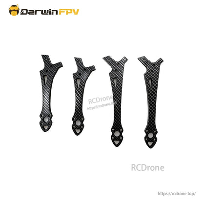 Four carbon fiber FPV frame arms shown as a set, two left and two right