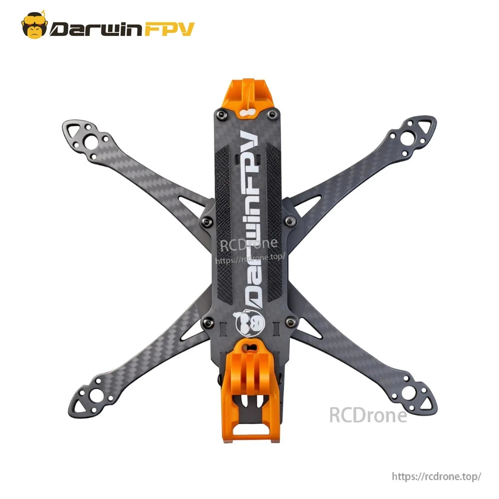 Top view of assembled frame with carbon fiber arms and orange front and rear TPU blocks