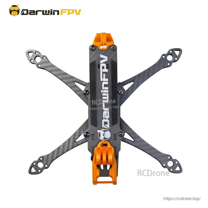 Top view of assembled frame with carbon fiber arms and orange front and rear TPU blocks