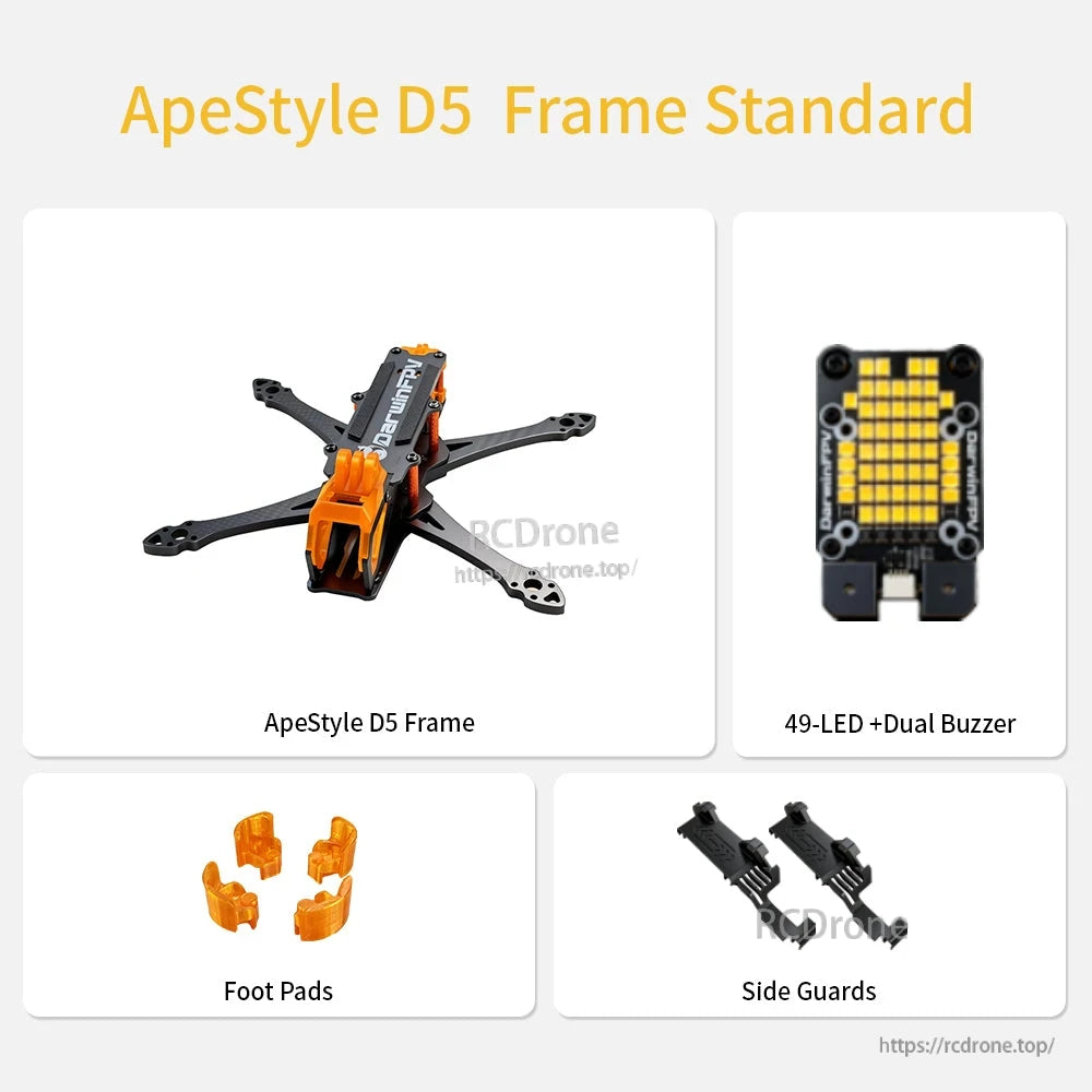 Graphic labeled "ApeStyle D5 Frame Standard" showing frame, LED+buzzer, foot pads, side guards