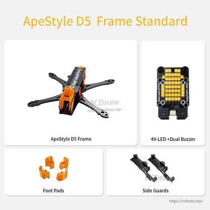 Graphic labeled "ApeStyle D5 Frame Standard" showing frame, LED+buzzer, foot pads, side guards