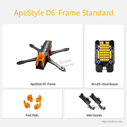DarwinFPV ApeStyle D6 drone frame kit with main frame, 49-LED + dual buzzer module, foot pads, and side guards