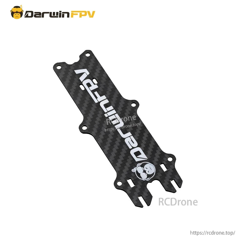 DarwinFPV carbon fiber top deck plate with logo, mounting holes, and strap slots