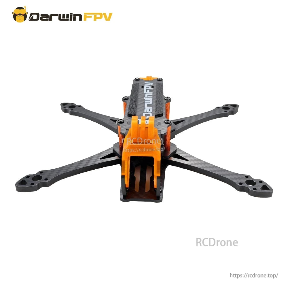 DarwinFPV ApeStyle D6 frame kit front view with orange TPU camera cage and carbon fiber arms