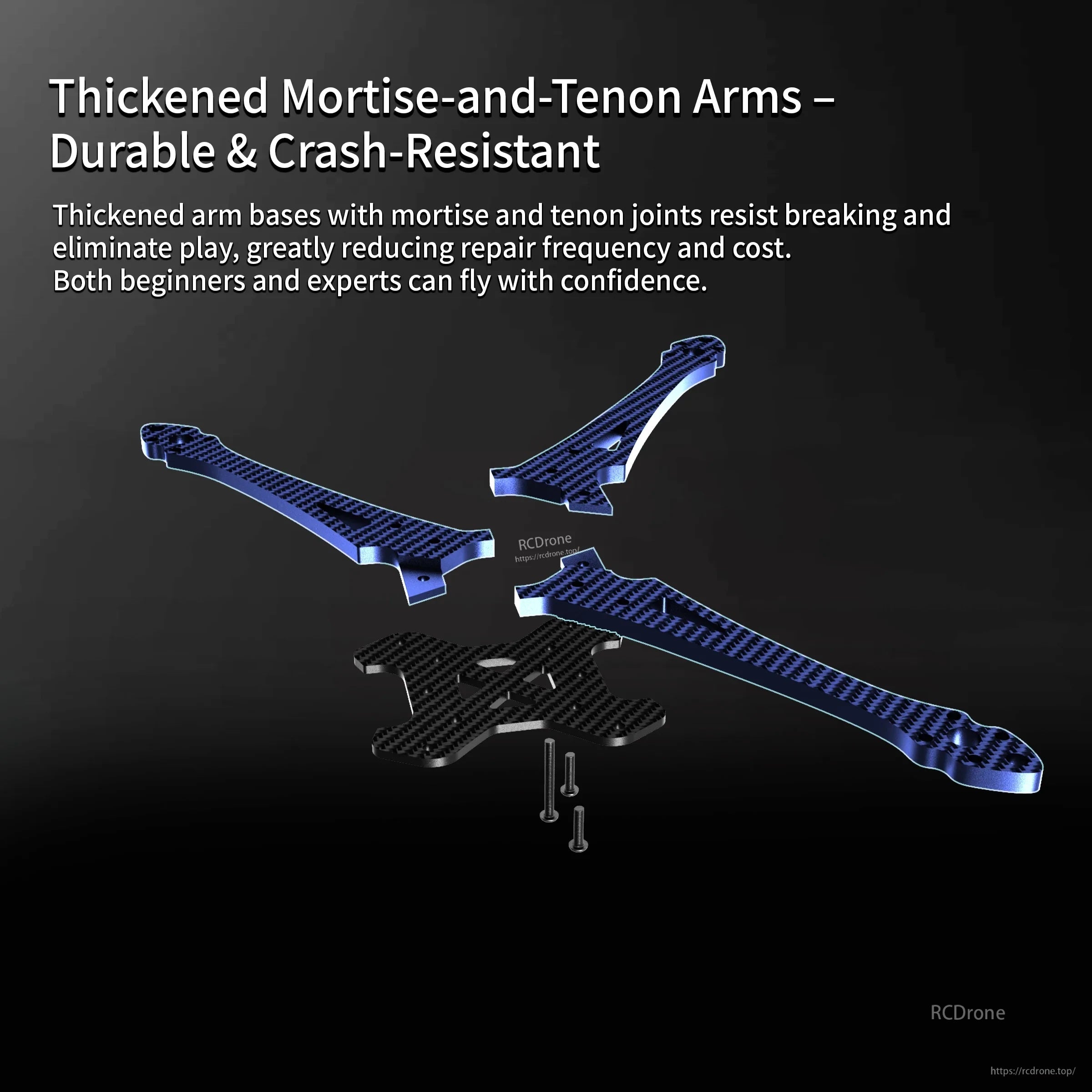 Exploded view of thickened mortise-and-tenon arm base and quick-release boom arm parts for crash resistance
