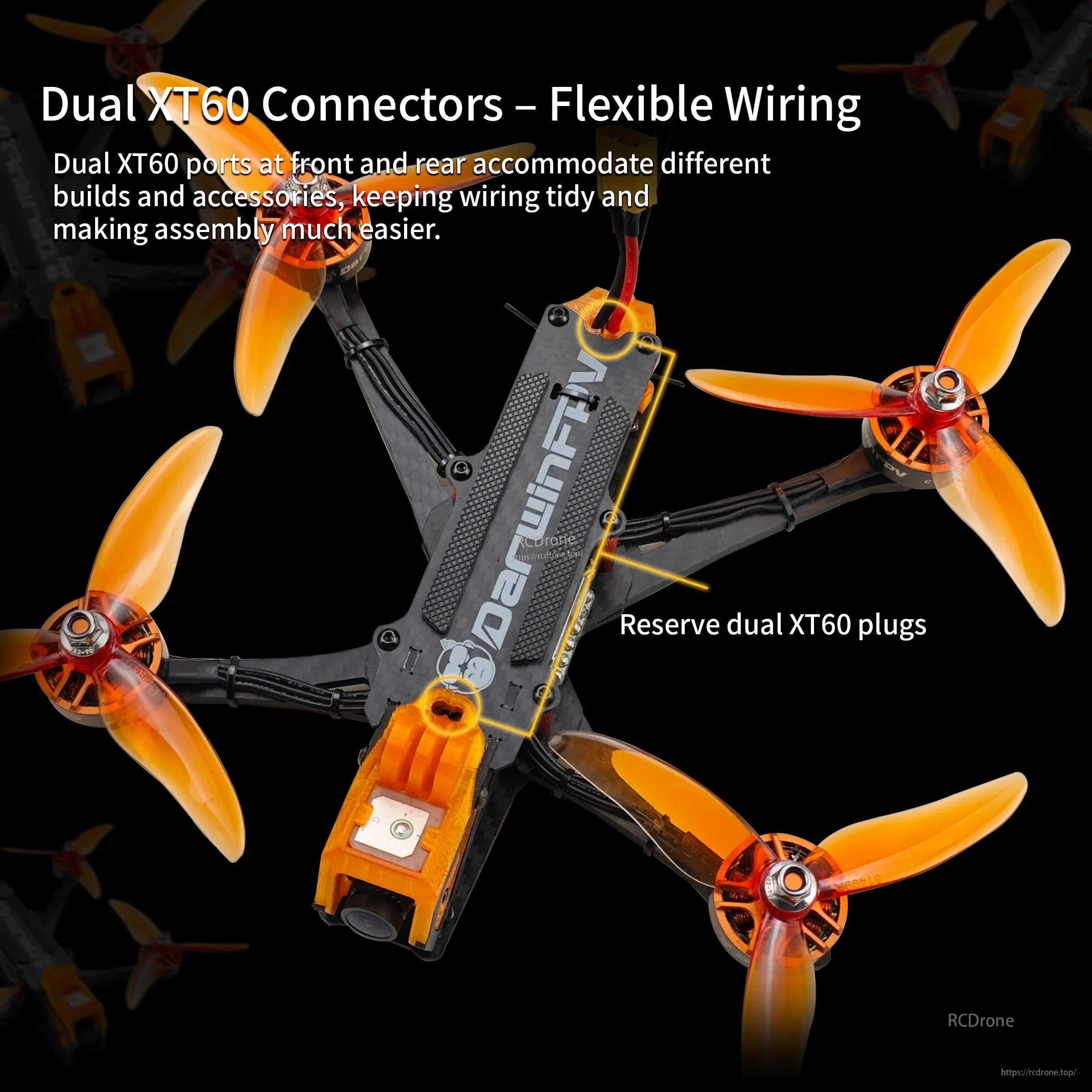Top view of ApeStyle DC frame layout highlighting reserved dual XT60 connector positions front and rear